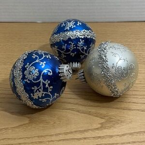 Vintage West German Christmas Ball Ornaments Floral Scroll Glitter Ribbon Accent